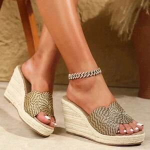 Women's Round Decorative Woven High-Heeled Wedge Sandals, With Thick Sole And Si